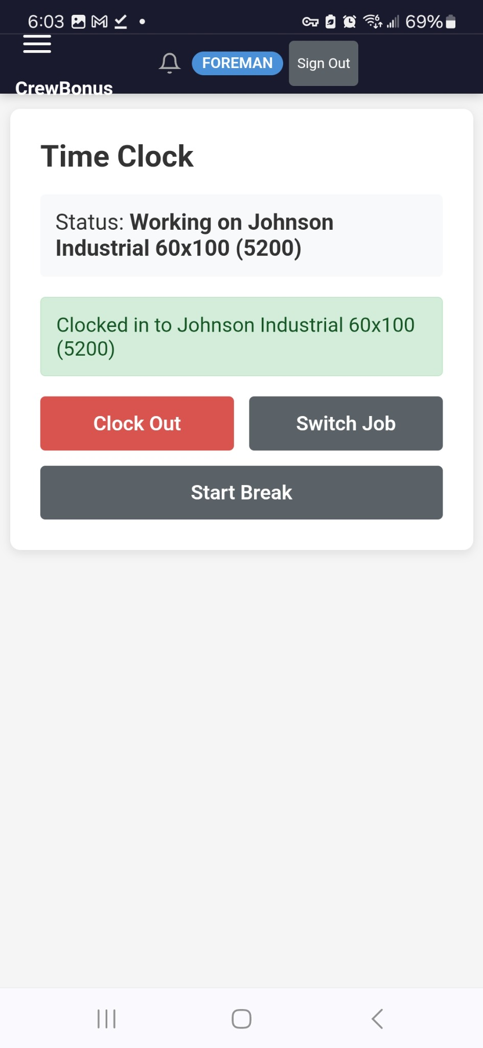 Worker clocked into a job on mobile
