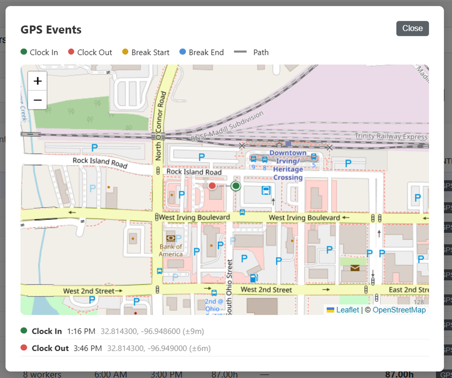 GPS map showing clock-in and clock-out locations with timestamps