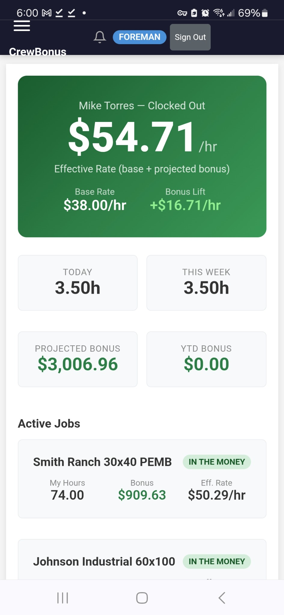 Worker mobile view showing effective rate with bonus